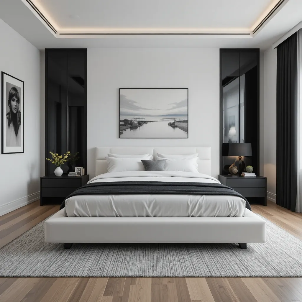 Minimalist White Platform Bed with Black Nightstands