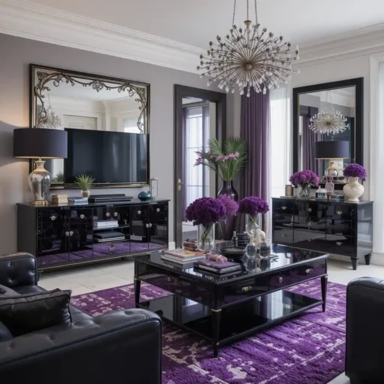 Mirrored Black Furniture with Purple Accents