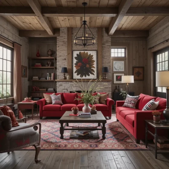 Modern Farmhouse Red and Black Living Room