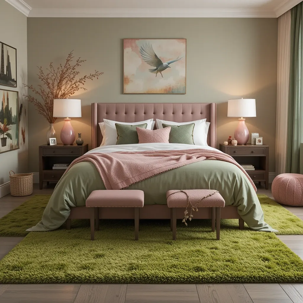 Moss Green Rug with Pink Bedside Decor