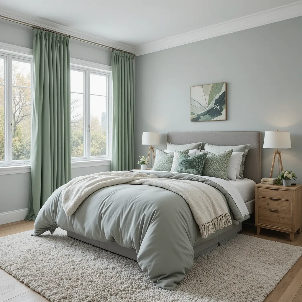 Muted Green Curtains with Cloud Grey Bedding
