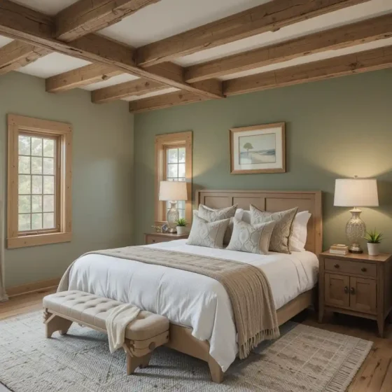 Muted Green Walls with Raw Wood Beams