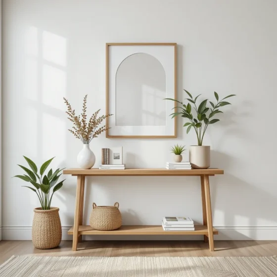 Natural Wood Console Table Against a White Wall