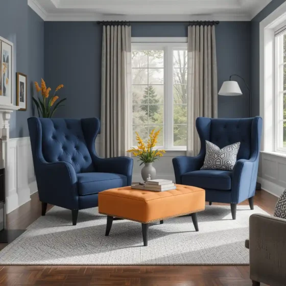 Navy Accent Chairs with Orange Ottomans for a Balanced Look