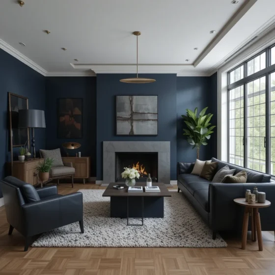 Navy Accent Wall with Black Leather Seating