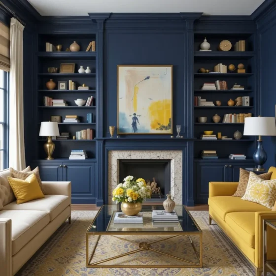 Navy Blue Bookshelves with Gold-Toned Decor