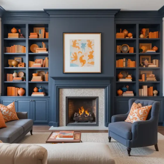 Navy Bookshelves with Orange Decor Accents
