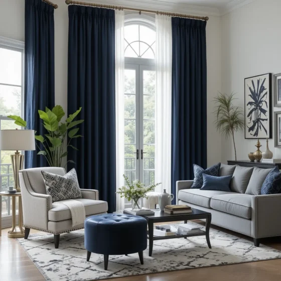Navy Curtains with Black Trim