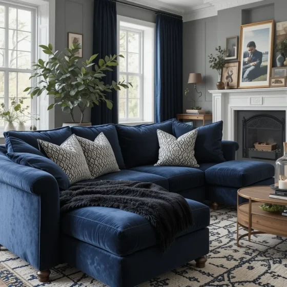 Navy Sectional with Black Throw Blankets