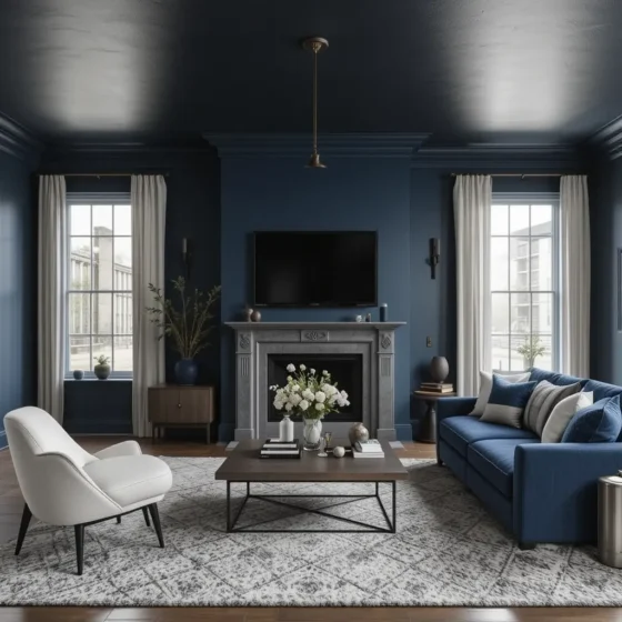 Navy Walls with Black Ceiling for a Bold Look