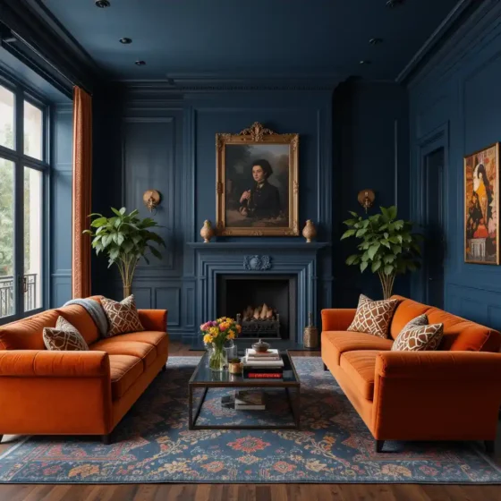 Navy Walls with Orange Velvet Sofas for Luxe Appeal
