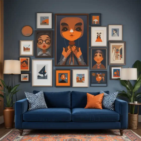 Navy and Orange Gallery Wall for Personal Expression