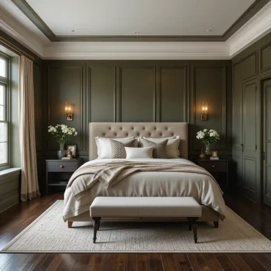 Olive Green Paneling with Dark Stained Floors