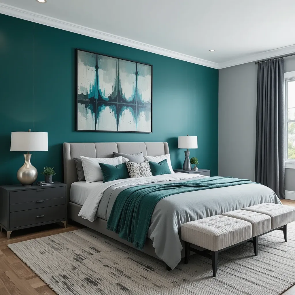 Peacock Green Statement Wall with Minimal Grey Decor