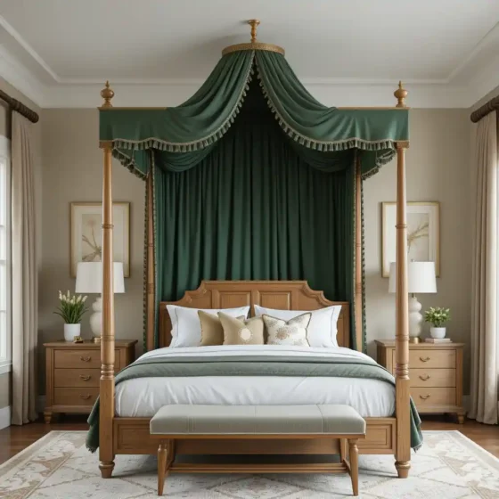 Pine Green Canopy Bed with Neutral Backdrop