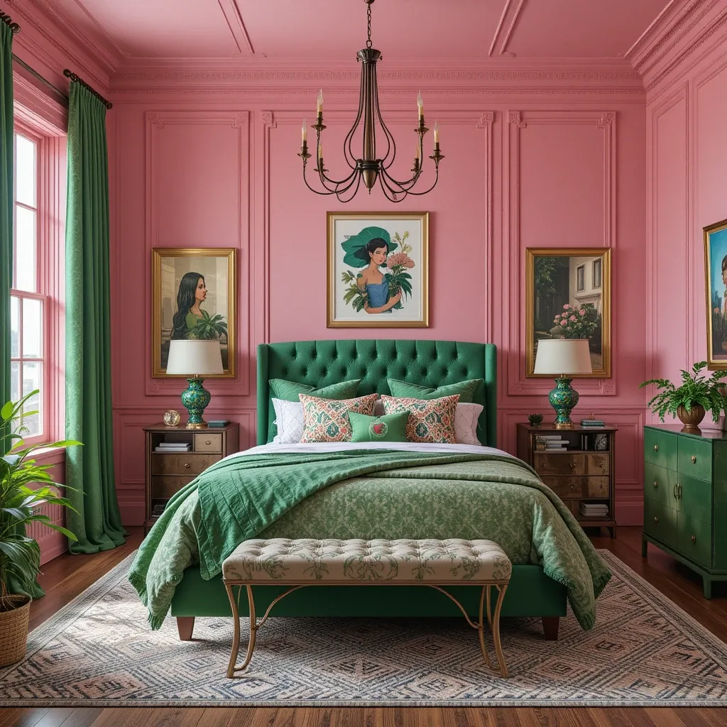 Pink Paneled Walls with Green Accents