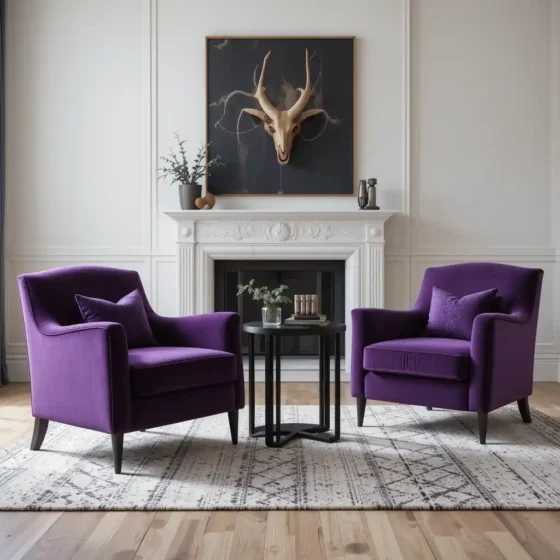 Purple Velvet Armchairs with Black Side Tables