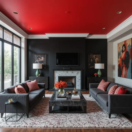 Red Ceiling with Black and Grey Furniture