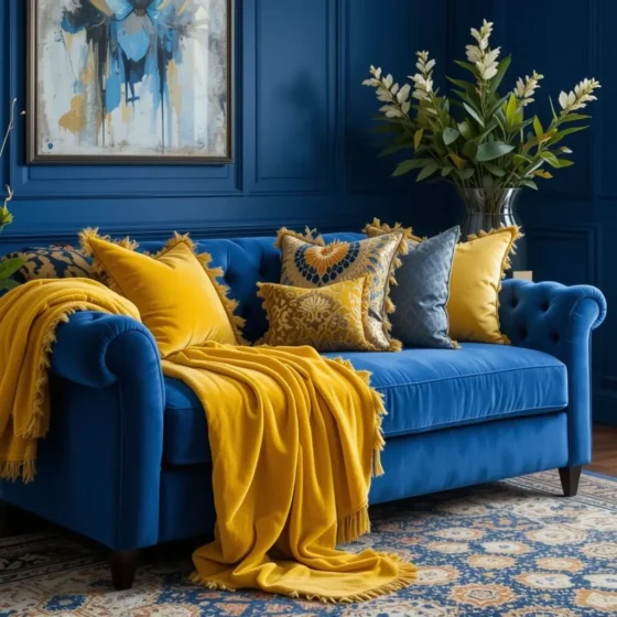 Royal Blue Sofa with Yellow Velvet Throws