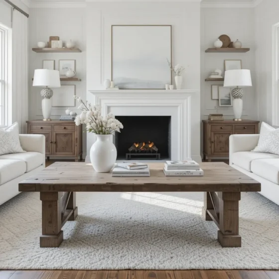 Rustic Wooden Coffee Table with White Decor