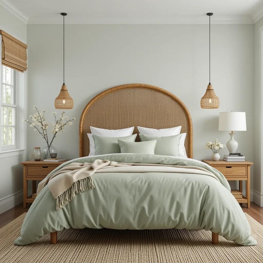 Sage Green Bedding with Rattan Decor