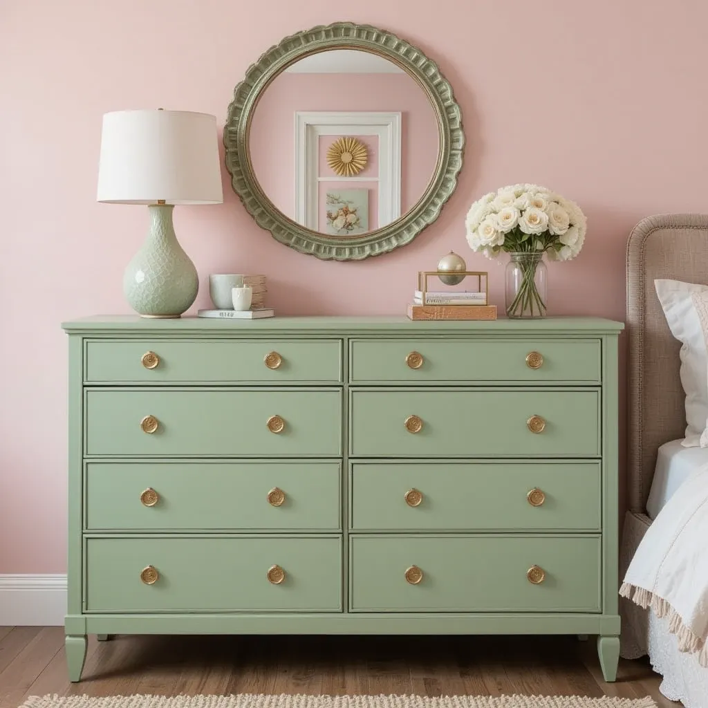 Sage Green Dresser with Pale Pink Walls