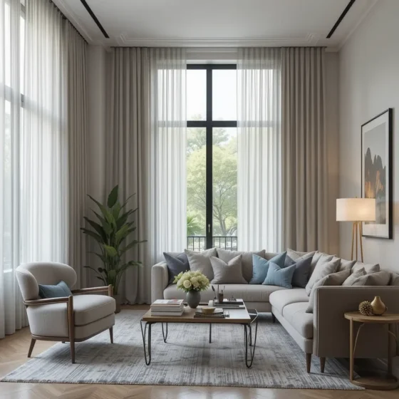 Sheer Curtains Hung from Ceiling Tracks for a Seamless Look