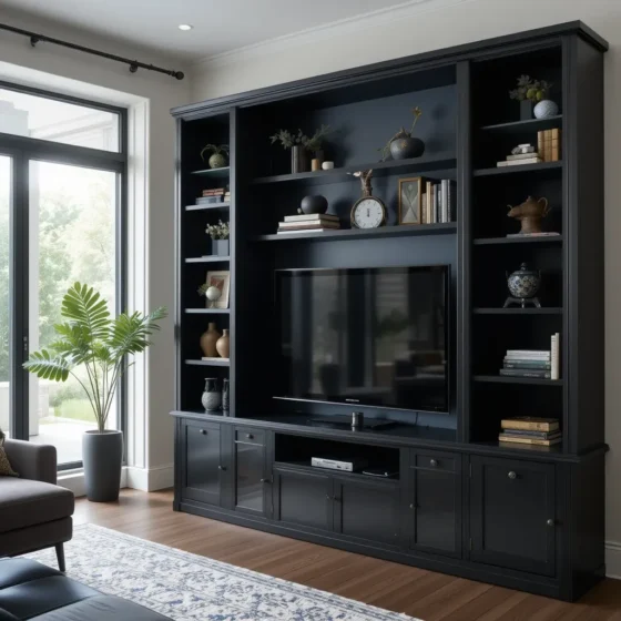 Sleek Black Entertainment Unit with Navy Shelving