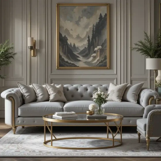 Soft Grey Sofas with Gold Trims for a Luxe Look