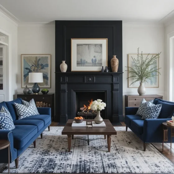 Statement Black Fireplace with Navy Seating