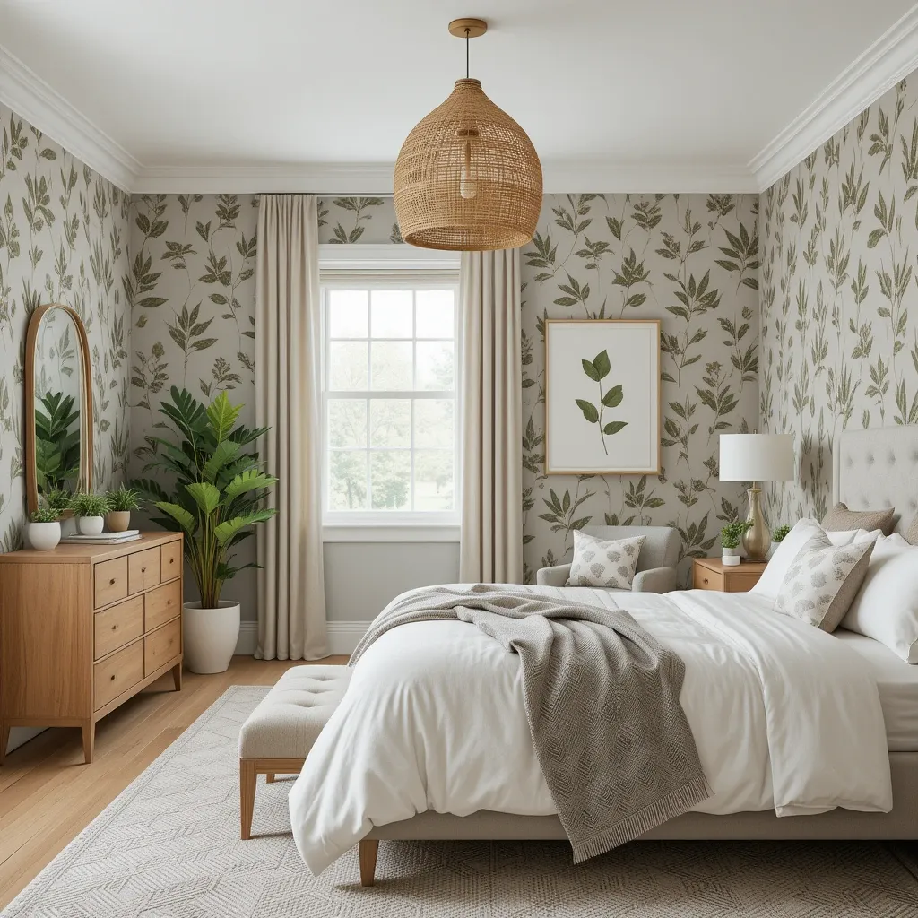 Taupe and Green Botanical Wallpaper
