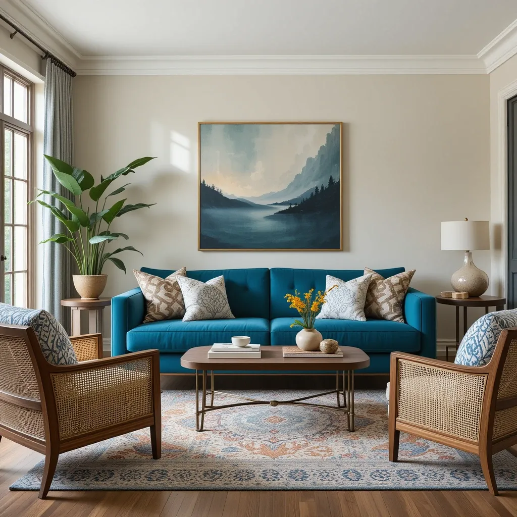 Teal Velvet Sofa with Walnut Wood Elements