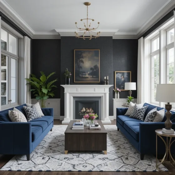 Textured Black Wallpaper with Navy Furniture