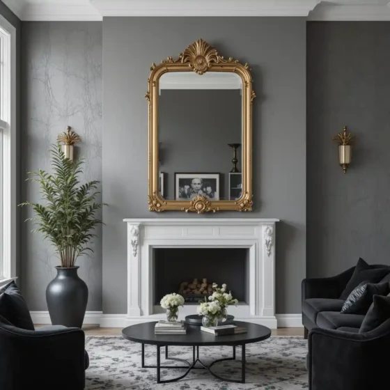 Textured Grey Walls with Gold Mirrors