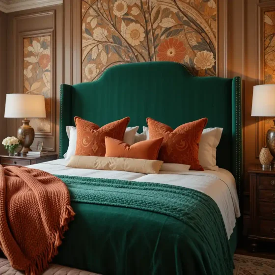 Velvet Green Headboard with Cognac Accents