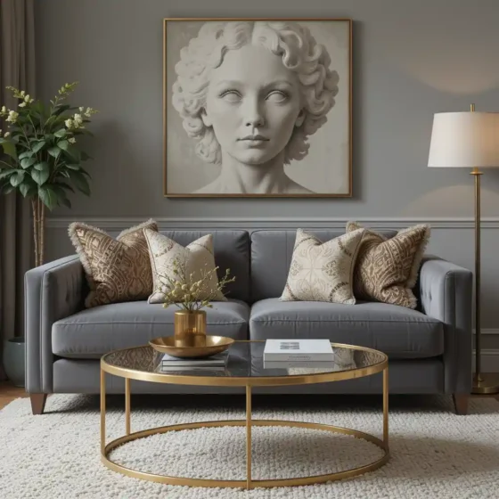 Velvet Grey Sofa with Gold Accents