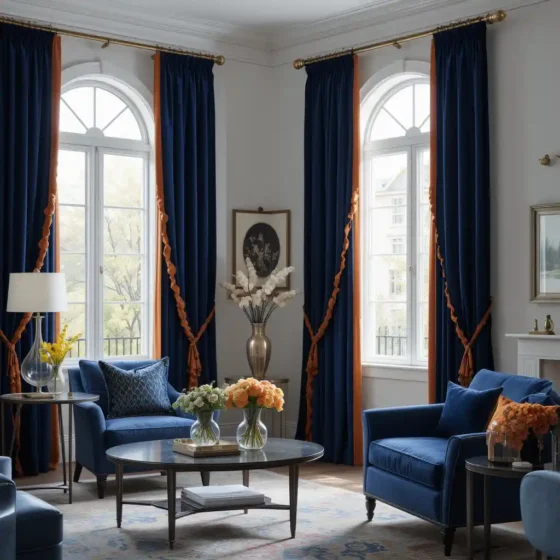 Velvet Navy Curtains with Orange Trim for Elegance