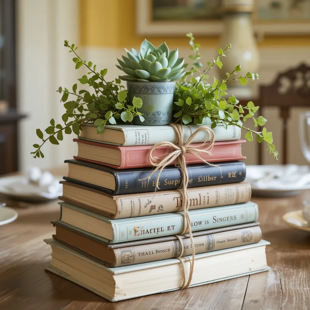 Vintage Book Stack with Greenery