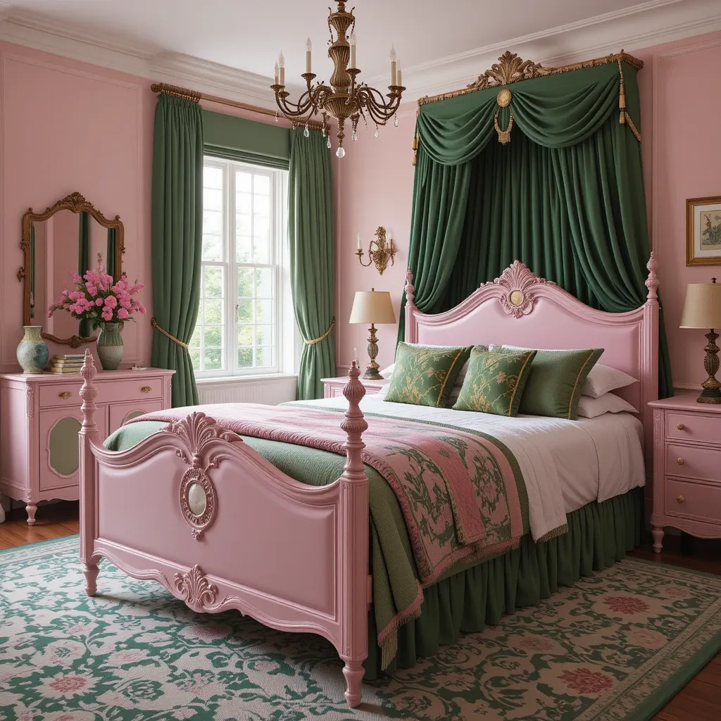 Vintage Pink Bed Frame with Deep Green Accents