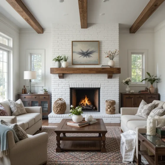 White Brick Fireplace with Wooden Mantel