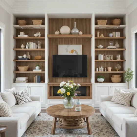 White Built-in Shelves with Wooden Accents