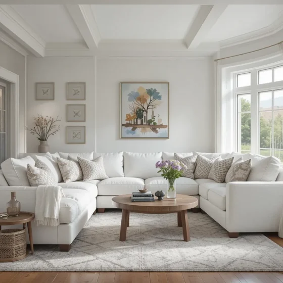 White Sectional with a Wooden Side Table