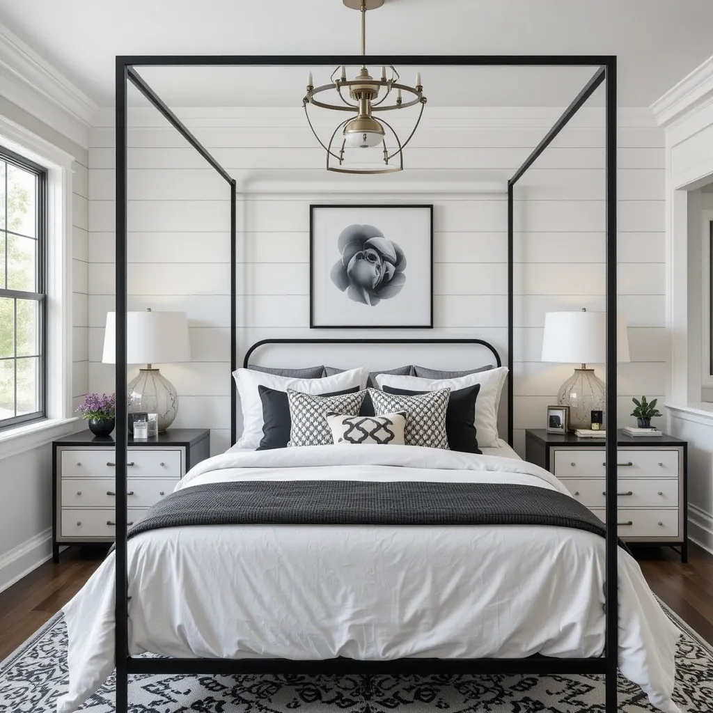White Shiplap Walls with Black Metal Accents