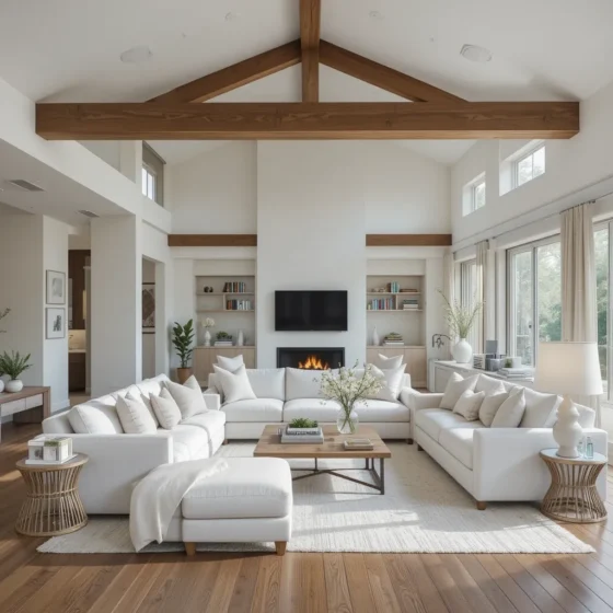 White Sofa with a Wooden Beam Divider