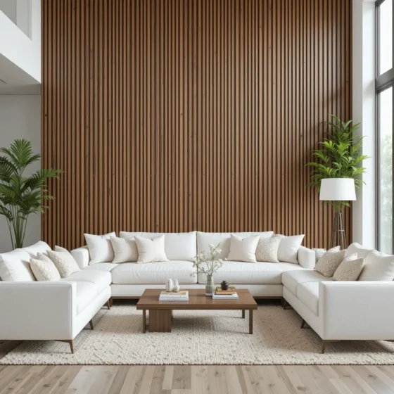 White Sofas with a Wood Slat Wall
