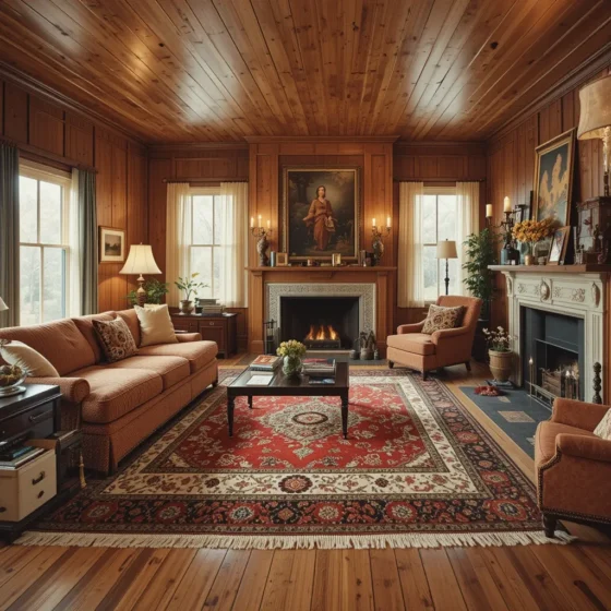 Wood Paneling with Layered Rugs for Depth