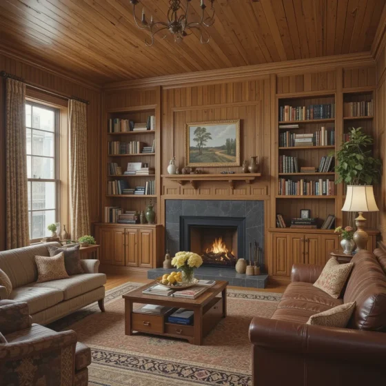 Wood Paneling with a Built-In Bookshelf
