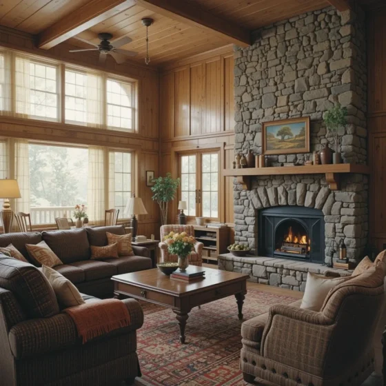 Wood Paneling with a Stone Fireplace
