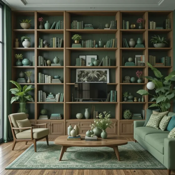 Wood and Green Bookshelves for a Layered Look