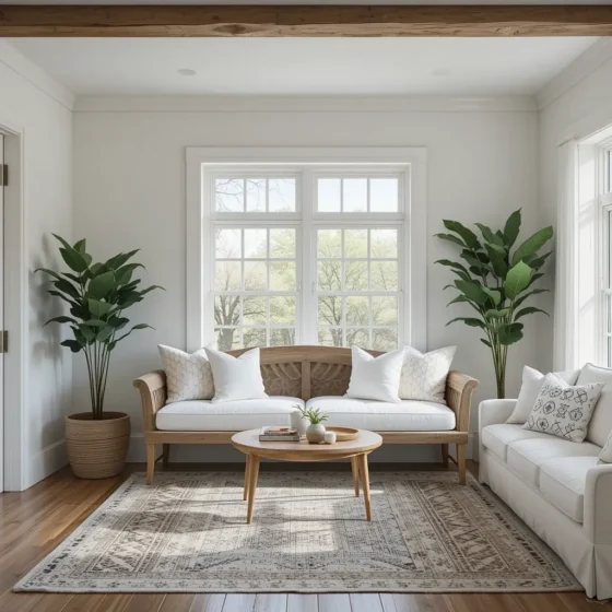Wooden Bench with White Cushions for Extra Seating